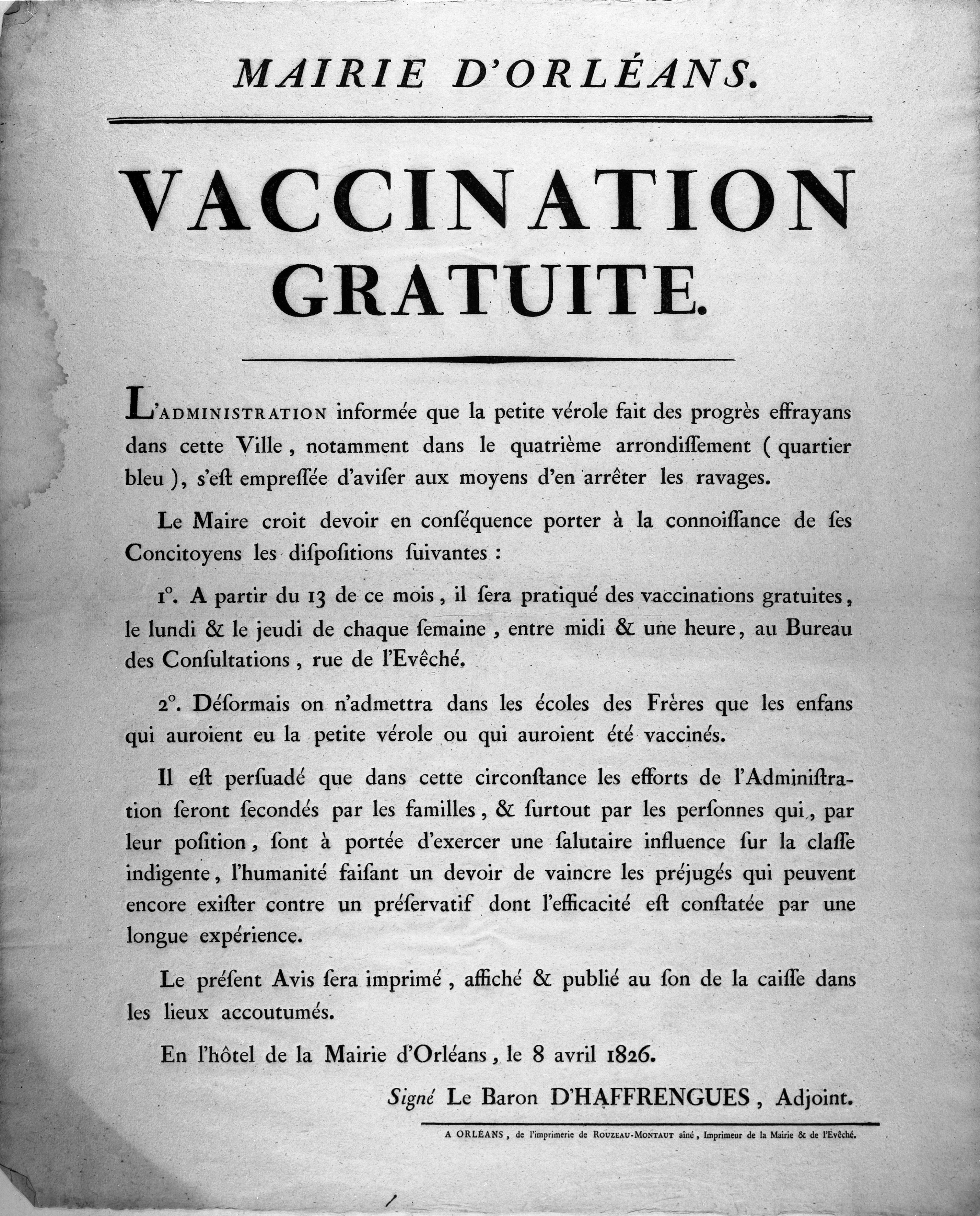 Vaccination Orléans 1826 (archives départementales)